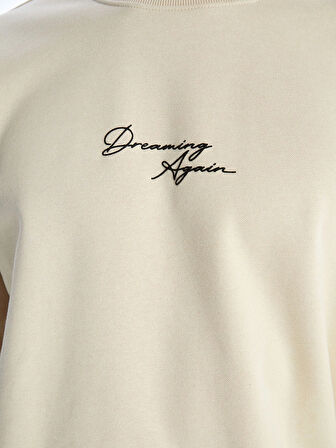 XSIDE Bej Bisiklet Yaka Baskılı Erkek Kalın Sweatshirt