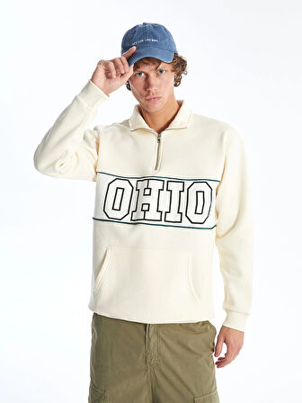 LCW Casual BEJ Dik Yaka Uzun Kollu Baskılı Erkek Kalın Sweatshirt