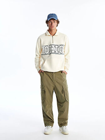 LCW Casual BEJ Dik Yaka Uzun Kollu Baskılı Erkek Kalın Sweatshirt