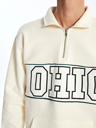 LCW Casual BEJ Dik Yaka Uzun Kollu Baskılı Erkek Kalın Sweatshirt