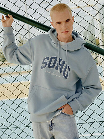 XSIDE Mavi Uzun Kollu Nakışlı Erkek Kalın Hoodie