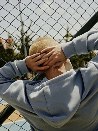 XSIDE Mavi Uzun Kollu Nakışlı Erkek Kalın Hoodie