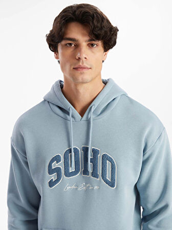 XSIDE Mavi Uzun Kollu Nakışlı Erkek Kalın Hoodie