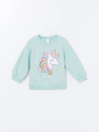 LCW Kids Turkuaz Bisiklet Yaka Kalın Baskılı Kız Çocuk Sweatshirt