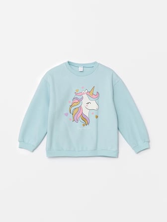 LCW Kids Turkuaz Bisiklet Yaka Kalın Baskılı Kız Çocuk Sweatshirt