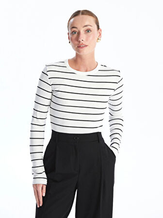 LCWAIKIKI Basic EKRU Bisiklet Yaka Çizgili Uzun Kollu Kadın Body