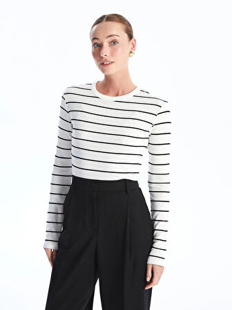 LCWAIKIKI Basic EKRU Bisiklet Yaka Çizgili Uzun Kollu Kadın Body