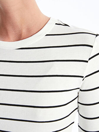 LCWAIKIKI Basic EKRU Bisiklet Yaka Çizgili Uzun Kollu Kadın Body