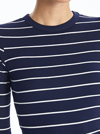 LCWAIKIKI Basic LACİVERT Bisiklet Yaka Çizgili Uzun Kollu Kadın Body