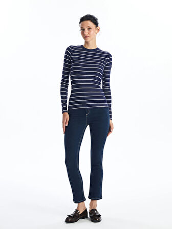 LCWAIKIKI Basic LACİVERT Bisiklet Yaka Çizgili Uzun Kollu Kadın Body