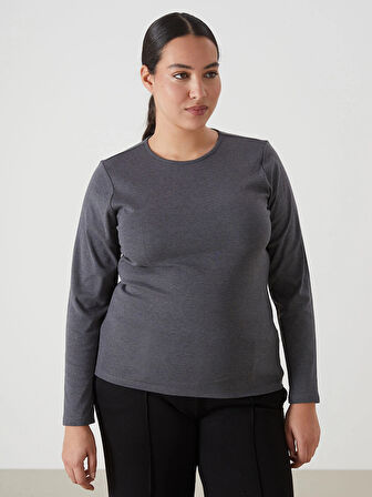 LCWAIKIKI Basic Antrasit Bisiklet Yaka Düz Uzun Kollu Kadın Body