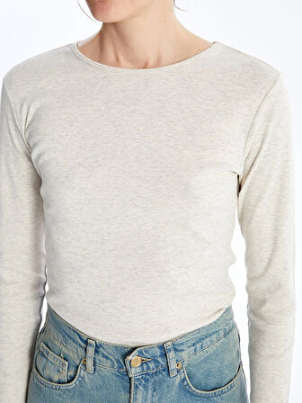 LCWAIKIKI Basic Bej Bisiklet Yaka Düz Uzun Kollu Kadın Body