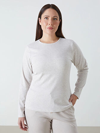 LCWAIKIKI Basic Bej Bisiklet Yaka Düz Uzun Kollu Kadın Body