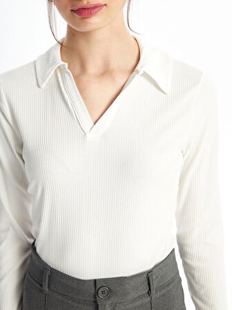 LCWAIKIKI Basic Ekru Polo Yaka Düz Uzun Kollu Kadın Body
