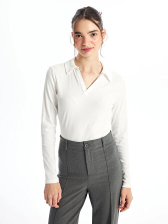 LCWAIKIKI Basic Ekru Polo Yaka Düz Uzun Kollu Kadın Body