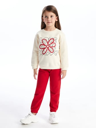 LCW Kids Ekru Bisiklet Yaka Çiçekli Kız Çocuk Sweatshirt ve Pantolon 2'li Takım