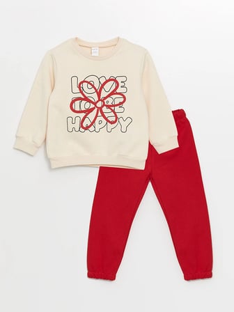 LCW Kids Ekru Bisiklet Yaka Çiçekli Kız Çocuk Sweatshirt ve Pantolon 2'li Takım