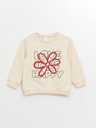 LCW Kids Ekru Bisiklet Yaka Çiçekli Kız Çocuk Sweatshirt ve Pantolon 2'li Takım