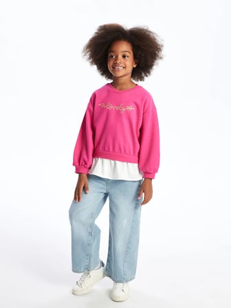 LCW Kids Fuşya Bisiklet Yaka Uzun Kollu Baskılı Kız Bebek Sweatshirt