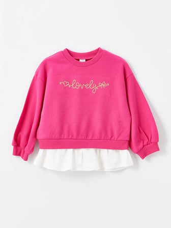 LCW Kids Fuşya Bisiklet Yaka Uzun Kollu Baskılı Kız Bebek Sweatshirt