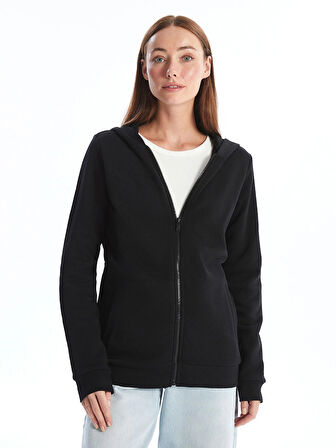 LCWAIKIKI Basic Siyah Kapüşonlu Kadın Kalın Fermuarlı Sweatshirt
