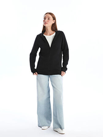 LCWAIKIKI Basic Siyah Kapüşonlu Kadın Kalın Fermuarlı Sweatshirt