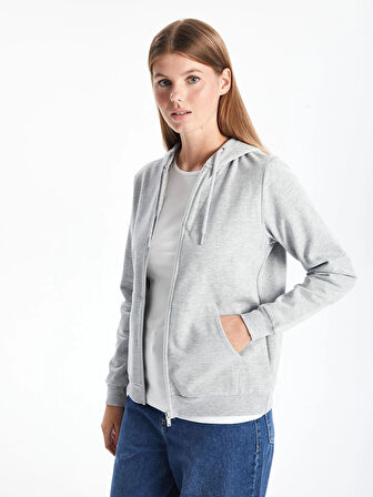 LCWAIKIKI Basic Gri Kapüşonlu Düz Uzun Kollu Kadın Fermuarlı Sweatshirt