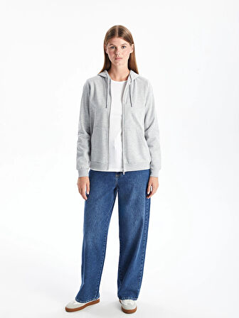LCWAIKIKI Basic Gri Kapüşonlu Düz Uzun Kollu Kadın Fermuarlı Sweatshirt