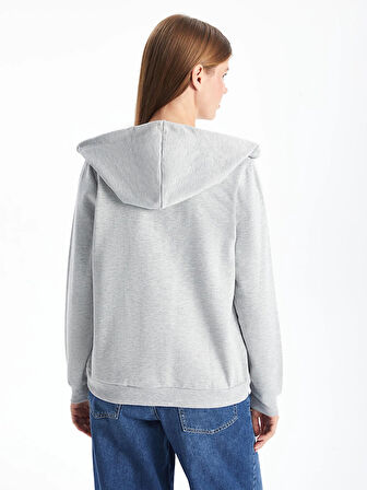 LCWAIKIKI Basic Gri Kapüşonlu Düz Uzun Kollu Kadın Fermuarlı Sweatshirt