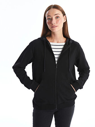 LCWAIKIKI Basic Siyah Kapüşonlu Düz Uzun Kollu Kadın Fermuarlı Sweatshirt