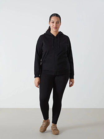 LCWAIKIKI Basic Siyah Kapüşonlu Düz Uzun Kollu Kadın Fermuarlı Sweatshirt
