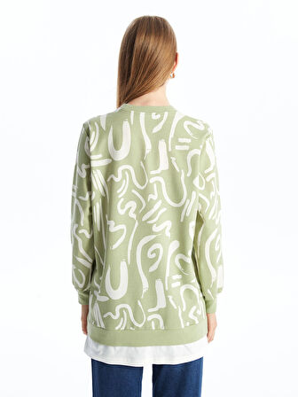 LCW Modest Yeşil Bisiklet Yaka Desenli Kadın Sweatshirt Tunik