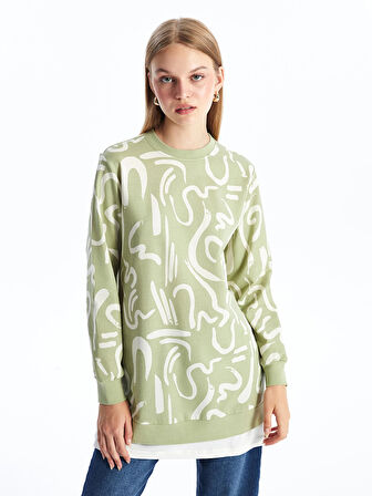 LCW Modest Yeşil Bisiklet Yaka Desenli Kadın Sweatshirt Tunik