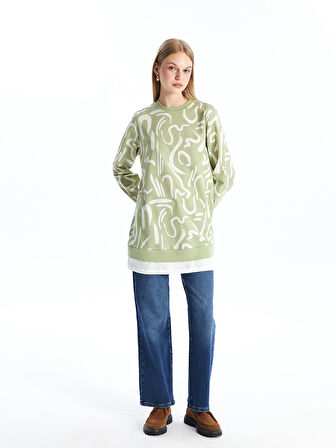 LCW Modest Yeşil Bisiklet Yaka Desenli Kadın Sweatshirt Tunik