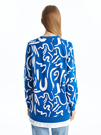 LCW Modest Lacivert Bisiklet Yaka Desenli Kadın Sweatshirt Tunik