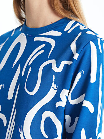 LCW Modest Lacivert Bisiklet Yaka Desenli Kadın Sweatshirt Tunik