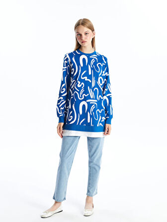 LCW Modest Lacivert Bisiklet Yaka Desenli Kadın Sweatshirt Tunik