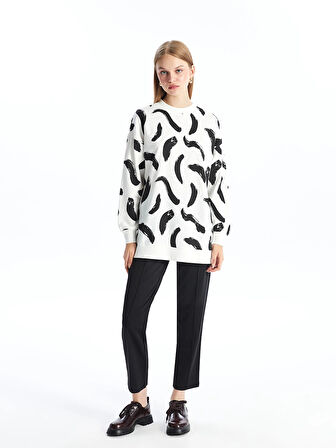 LCW Modest Siyah Bisiklet Yaka Desenli Kadın Sweatshirt Tunik