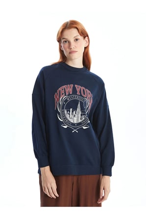 LCW Modest Lacivert Bisiklet Yaka Baskılı Oversize Kadın Sweatshirt Tunik