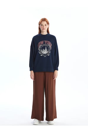 LCW Modest Lacivert Bisiklet Yaka Baskılı Oversize Kadın Sweatshirt Tunik