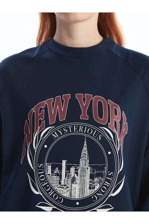 LCW Modest Lacivert Bisiklet Yaka Baskılı Oversize Kadın Sweatshirt Tunik