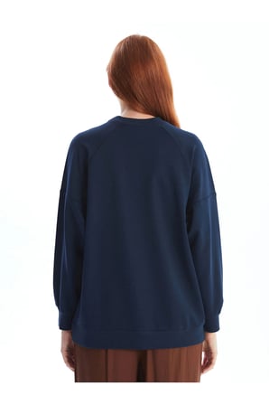 LCW Modest Lacivert Bisiklet Yaka Baskılı Oversize Kadın Sweatshirt Tunik
