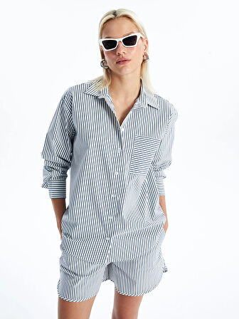 LCW Vision MAVİ Çizgili Uzun Kollu Oversize Kadın Gömlek