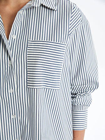 LCW Vision MAVİ Çizgili Uzun Kollu Oversize Kadın Gömlek