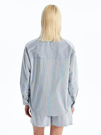 LCW Vision MAVİ Çizgili Uzun Kollu Oversize Kadın Gömlek
