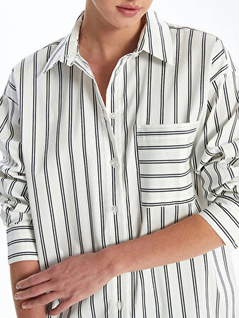 LCW Vision EKRU Çizgili Uzun Kollu Oversize Kadın Gömlek