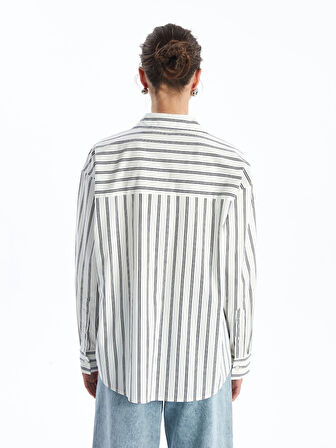 LCW Vision EKRU Çizgili Uzun Kollu Oversize Kadın Gömlek