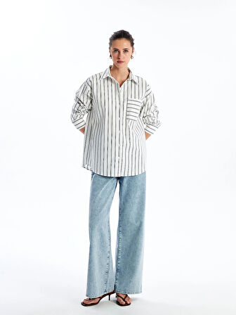 LCW Vision EKRU Çizgili Uzun Kollu Oversize Kadın Gömlek
