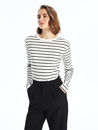 LCWAIKIKI Basic Ekru Bisiklet Yaka Çizgili Kadın Body