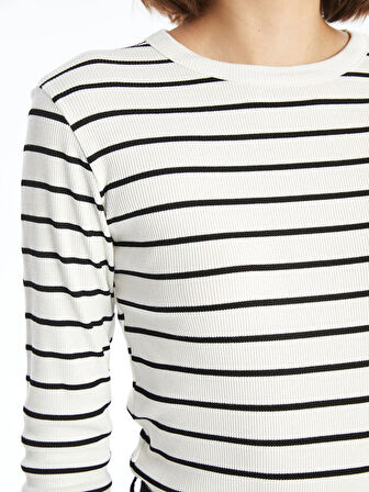 LCWAIKIKI Basic Ekru Bisiklet Yaka Çizgili Kadın Body